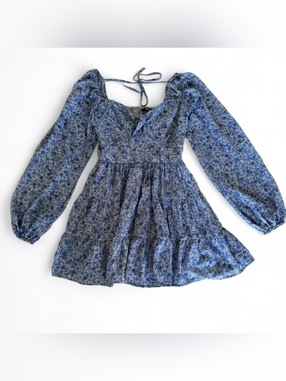Trixxi Blue Floral Long Sleeve Mini Dress Tie Back Women’s Size S